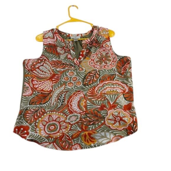 LOFT Outlet Floral Tank Top Green Orange Pink Size L Petite Sleeveless Blouse - Picture 1 of 5